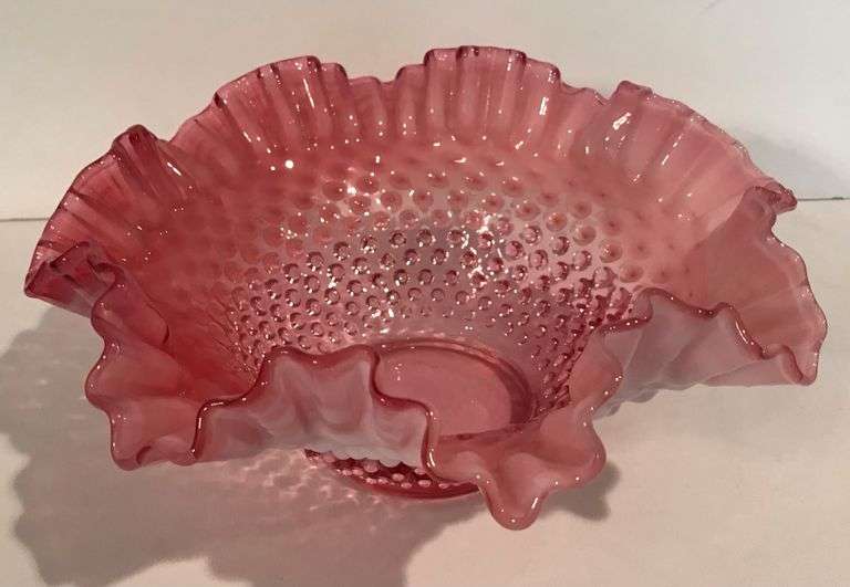Glass Opalescent Hobnail Cranberry Serving Bowl