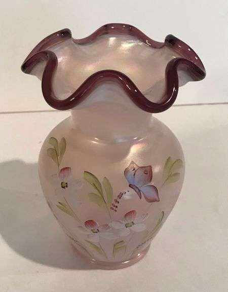 Nice Hand Painted Glass Vase w/ Butterfly & Flowers