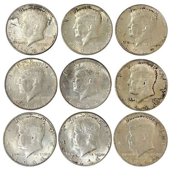 (9x) 1964-D Kennedy Silver Half Dollars