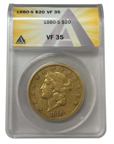 1880-S Liberty Head $20 Gold Double Eagle - ANACS VF35
