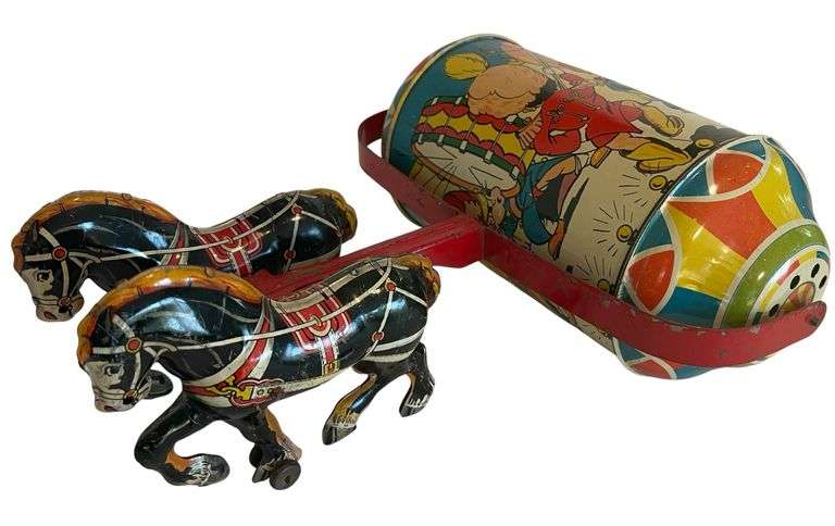 Vintage Marx Tin Litho Rolling Musical Toy with Two Horses