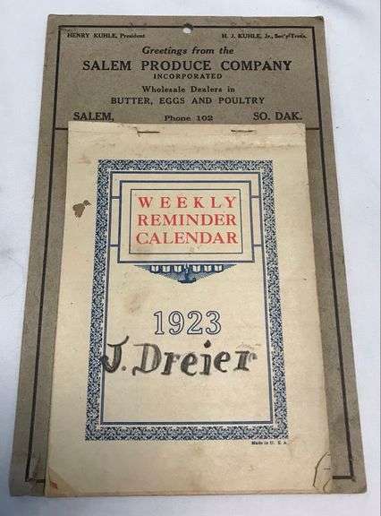 Salem Produce Company - Salem, South Dakota 1923 Advertising Calendar