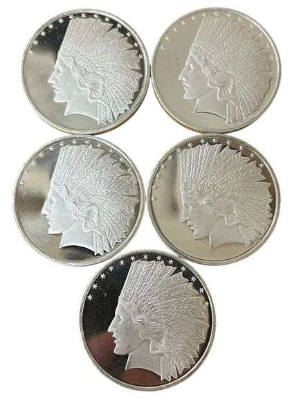 (5x) Silvertowne Indian Head 1 Oz Silver Rounds