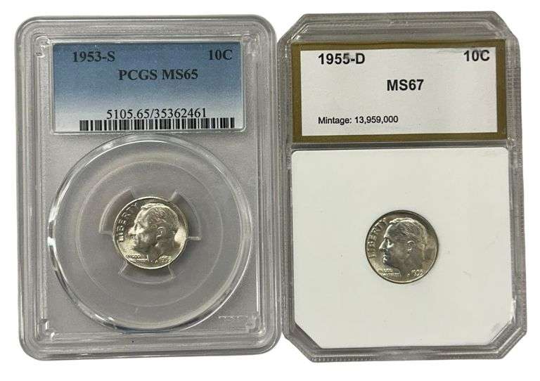 (2x) Mint State Uncirculated Roosevelt Silver Dimes - 1953-S & 1955-D