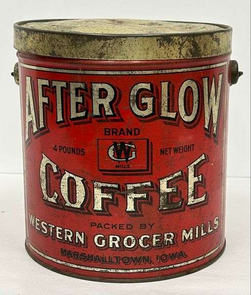 Early "After Glow Coffee - Marshalltown, Iowa" Tin with Handle - 8" Tall
