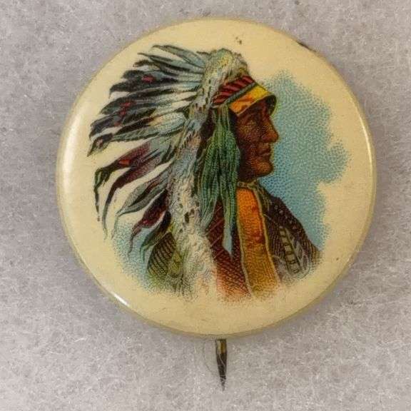 Early Celluloid Vintage Pinback Button - Features Image of Indian Chief