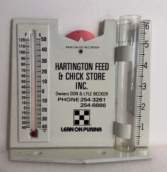 Hartington, Feed & Chick Store - Purina Feeds  - Hartington, Nebraska - Rain Gauge & Thermometer