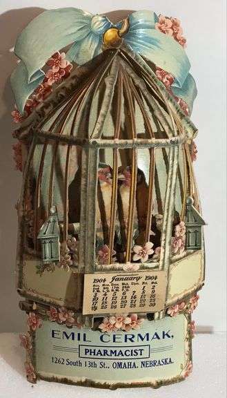 1904 - Omaha, Nebraska “Emil Cermark - Pharmacist” - Die Cut Bird Cage Advertising Calendar