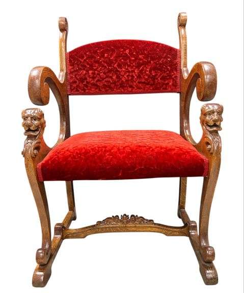 Victorian Carved Oak Armchair w/ Lion Head Arms & Red Velvet Upholstery
