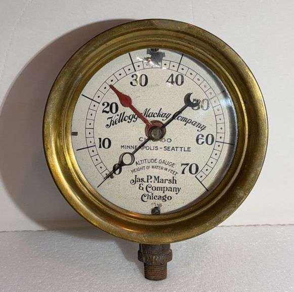 Vintage Industrial "Kellogg & Mackay Co. Altitude Gauge Water in Feet" Gauge