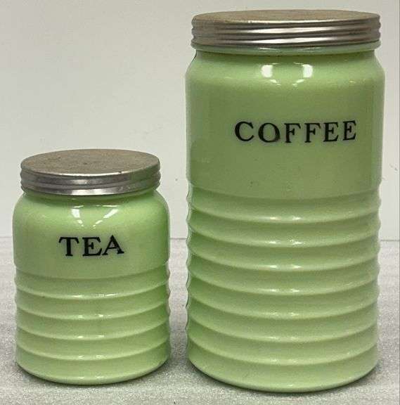 Vintage Jadeite Glass Tea & Coffee Canister Set w/ Metal Lids