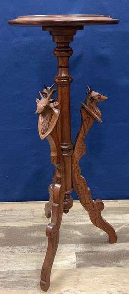 Walnut Carved Plant Stand with Carved Deer Heads - No Shipping