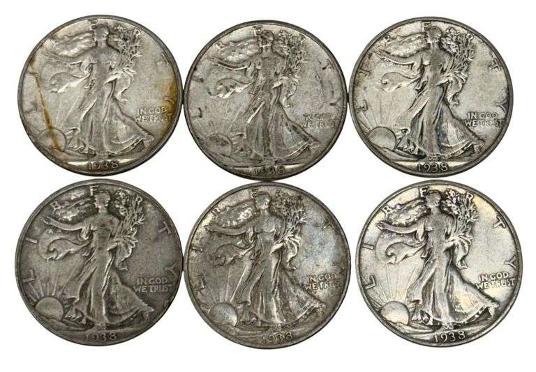 (6x) 1938-D Walking Liberty Silver Half Dollars - Better Date!