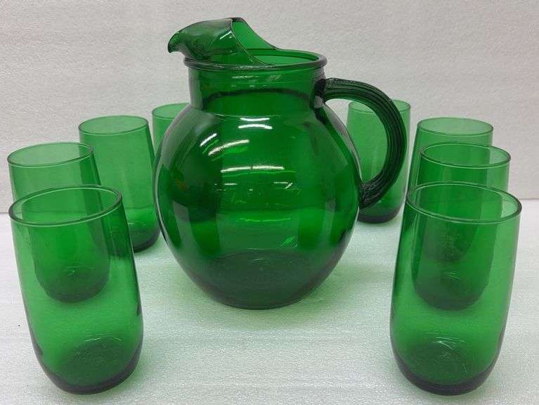 Vintage Green Glass Pitcher & Glass Set