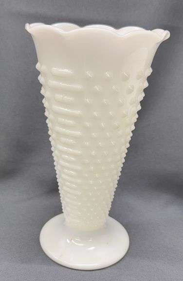 White Milk Glass Hobnail Vase - 9" tall