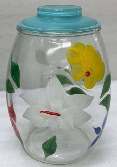 Vintage Bartlett Collins Clear Glass Hand Painted Cookie Jar