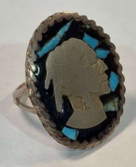 Sterling Indian Head Ring with Turquoise Stone Inlay Band