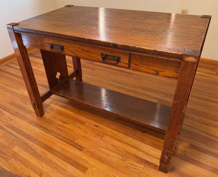 Mission Style Oak Library Table With Single Drawer And Lower Shelf