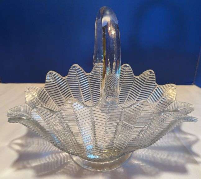 Pressed Glass Basket With Chevron Pattern And Applied Handle, 13 Inch Wide