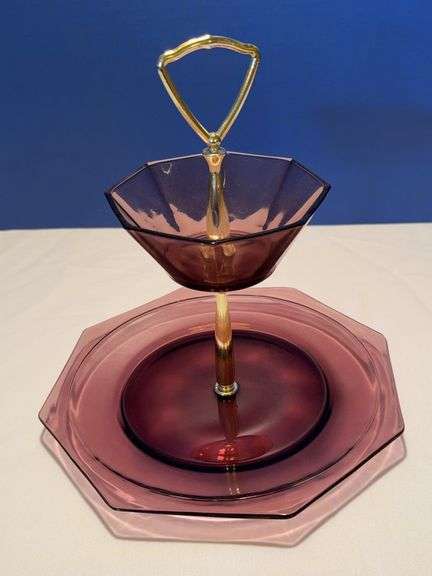 Amethyst Glass Two-Tier Serving Tray With Brass Handle