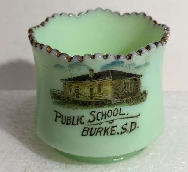 Burke Public School South Dakota Souvenir Green Opalescent Glass Toothpick Holder