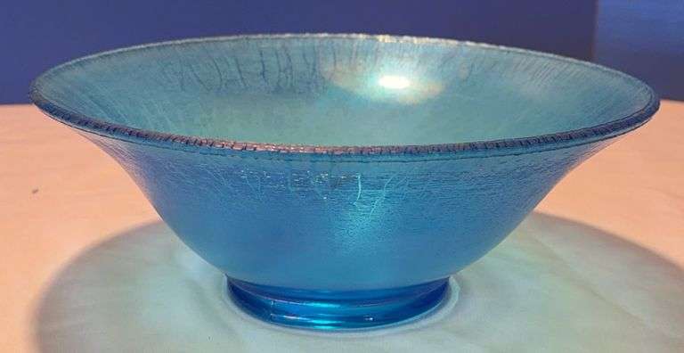 Blue Crackle Glass Bowl – 9 Inch Decorative Art Glass