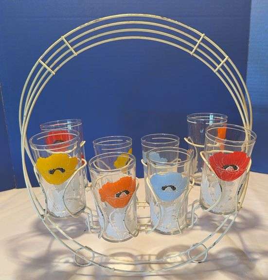 Hand Painted Floral Glasses With White Metal Carrier – Set Of 8