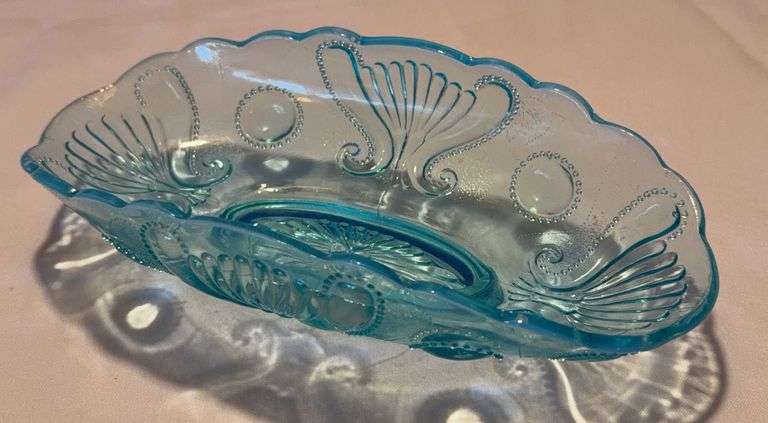 Blue Pressed Glass Shell Pattern Oval Dish