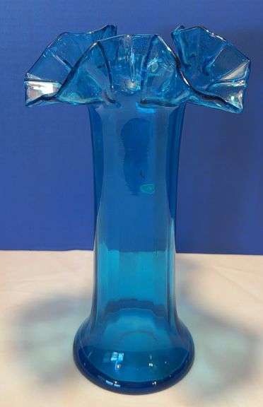 Beacon Hand Blown Blue Glass Vase with Ruffled Rim