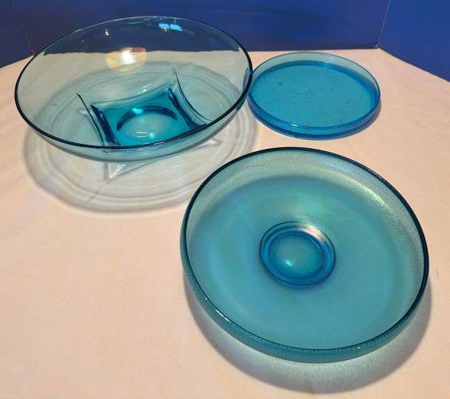 Three Piece Blue Glass Bowl And Plate Set