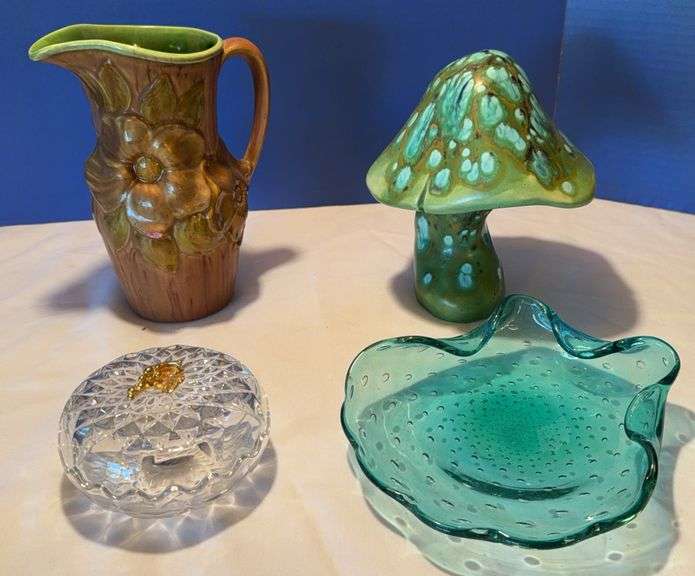 Assorted Art Pottery Pitcher, Glass Mushroom, and Decorative Dishes