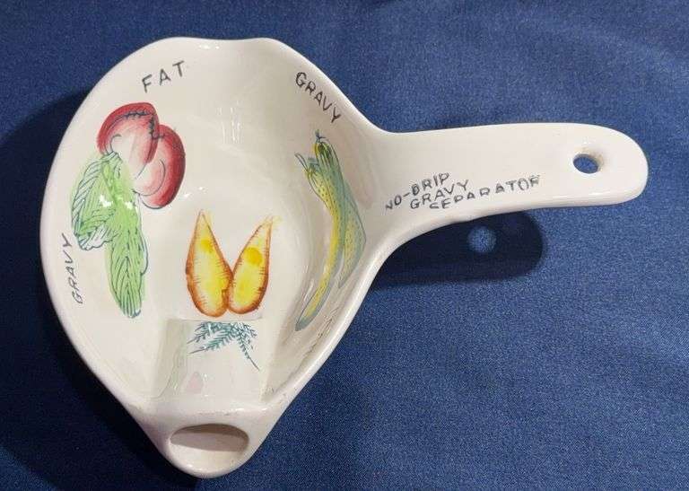 No Drip Gravy Separator Ceramic Bowl With Hand Painted Vegetables
