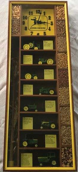 OLDER “JOHN DEERE” WALL CLOCK-WITH MINI TRACTOR HISTORY-HAND CRAFTED-23 1/2 INCHES TALL