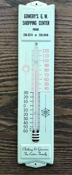 OLD METAL ADVERTISING STORE THERMOMETER “GOWERY’S SHOPPING CENTER” (LAUREL NEBRASKA)