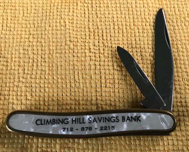 NEW OLD STOCK ADVERTISING POCKET KNIFE L”CLIMBING HILL SAVINGS BANK”- IOWA