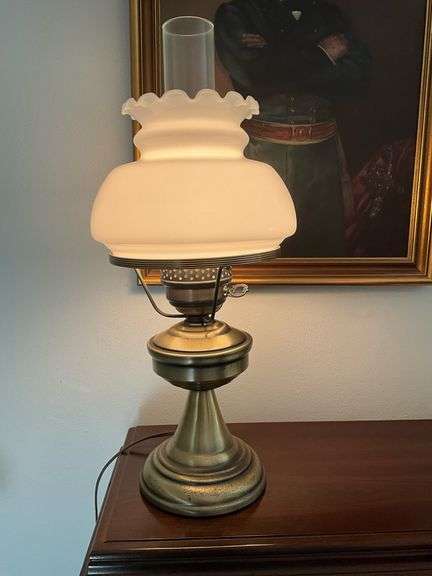 Hurricane Table Lamp with Brass Base and White Milk Glass Shade, Approximately 19” Tall