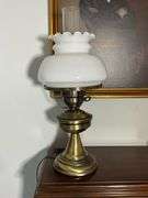Hurricane Table Lamp with Brass Base and White Milk Glass Shade, Approximately 19” Tall