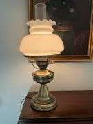 Hurricane Table Lamp with Brass Base and White Milk Glass Shade, Approximately 19” Tall