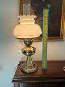 Hurricane Table Lamp with Brass Base and White Milk Glass Shade, Approximately 19” Tall