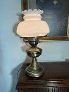 Hurricane Table Lamp with Brass Base and White Milk Glass Shade, Approximately 19” Tall