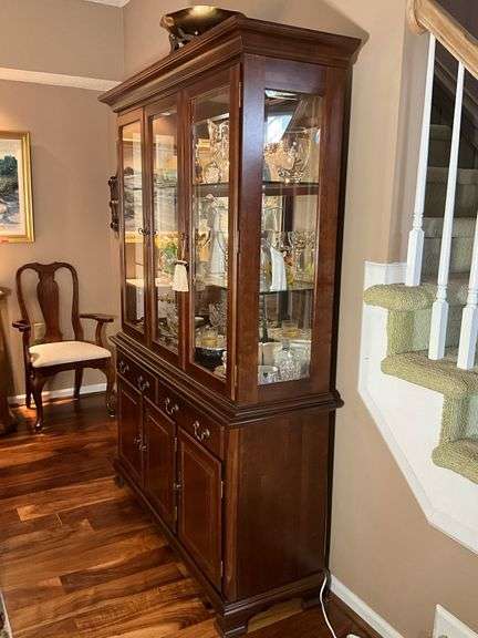 Lighted China Cabinet With Beveled Glass Doors and Glass Shelves and ...