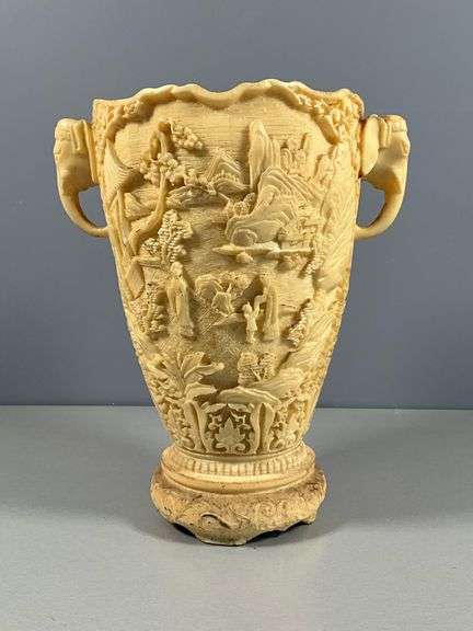 Athens Statues Carved Vase/Urn with Elephant Head Handles, 11.5 Tall, Makers Mark on Bottom