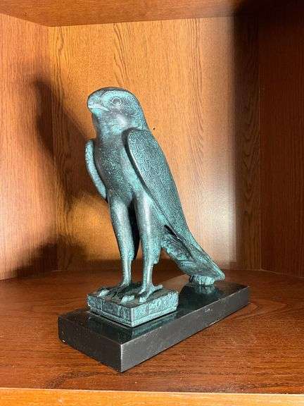 Bronze Falcon Sculpture on Black Base, Made in USA