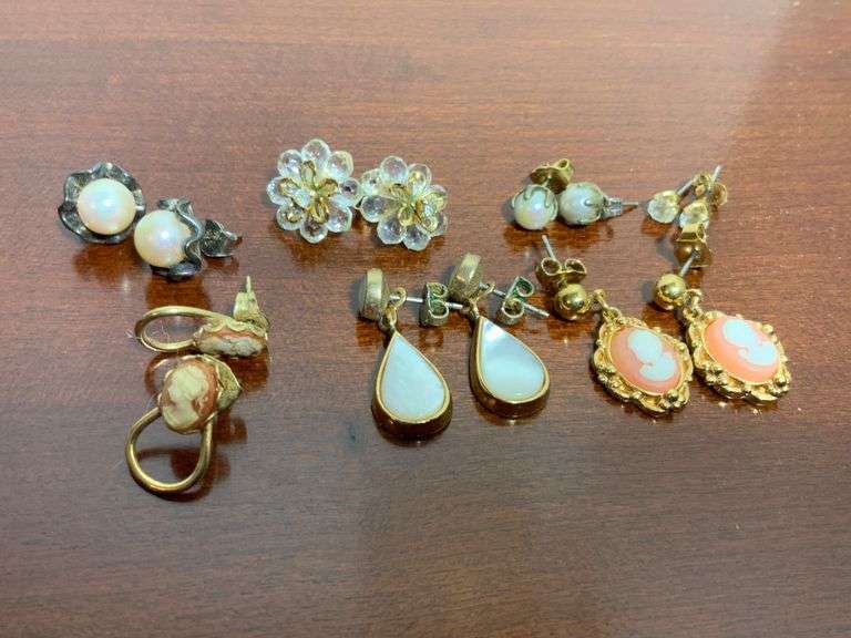 Earrings Featuring Cameo, Pearl, and Floral Designs