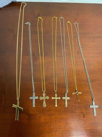 Seven Cross Necklaces in Mixed Metal Finishes