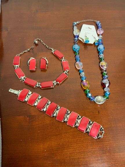 Jewelry Including Red Enamel Necklace Set and Beaded Necklace