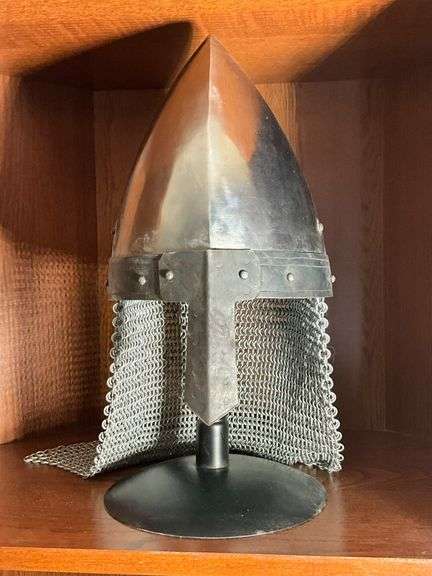 Medieval-Style Helmet with Chainmail Aventail on Display Stand