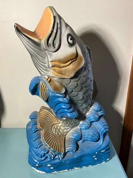 Large Vintage Mexican Fish Bank in Chalkware, Hand Painted, Marked Mexico