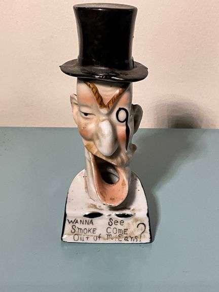 Vintage Japan Bisque Novelty Smoking Figure with Top Hat, Caricature Design