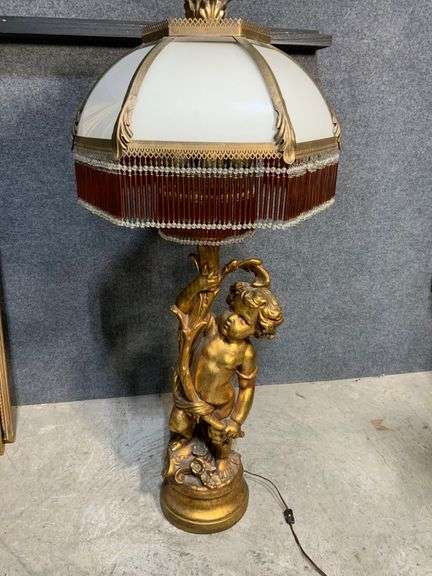 Tall Gold-Finish Cherub Floor Lamp With Glass Shade and Beaded Fringe